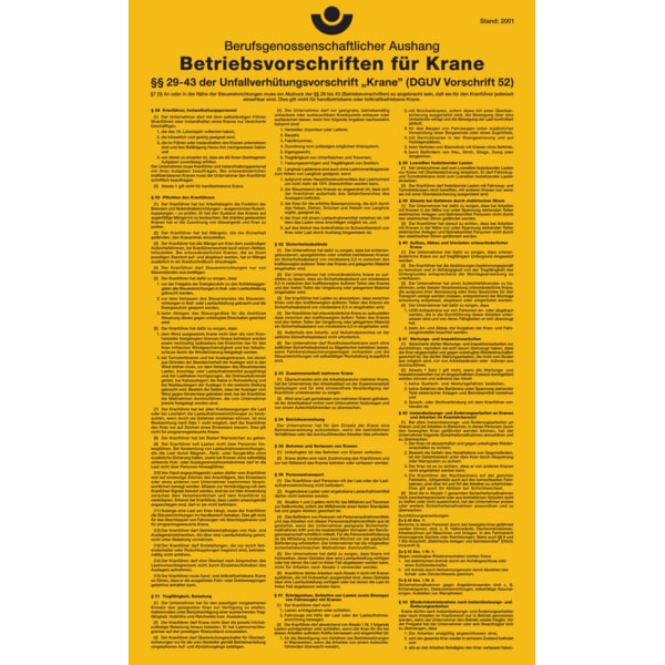 Aushang, Betriebsvorschriften für Krane gem. DGUV Vorschrift 52 - 275x450x0.45 mm Aluminium glatt