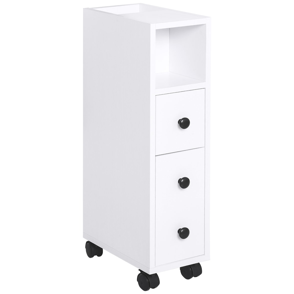 kleankin Armario de Baño Mueble Auxiliar para Baño Espacio Reducido con Ruedas Estantes Abiertos Armario Cajón 18x30x68,5 cm Blanco