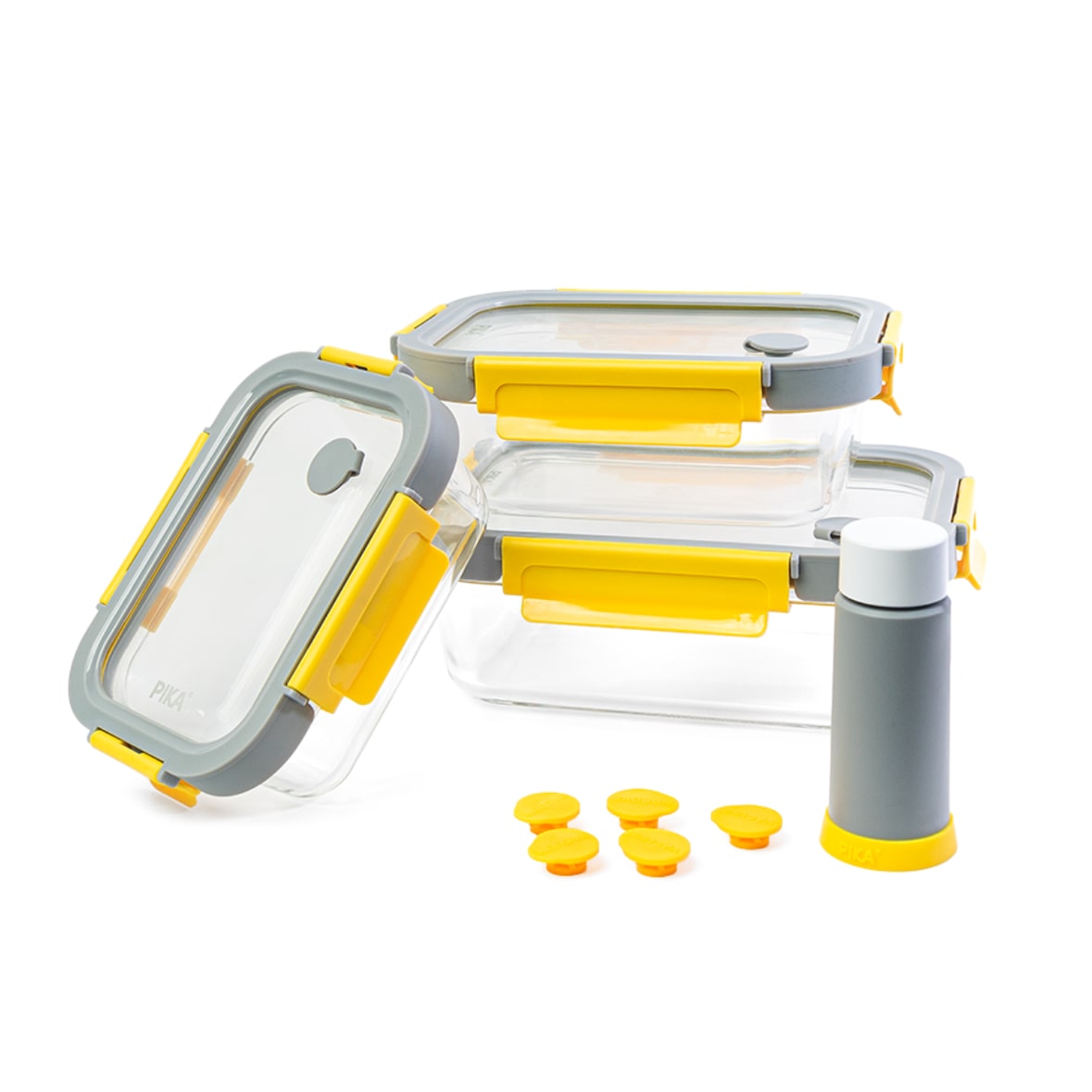 PIKA - Lot de 3 boites alimentaires sous vide en verre + pompe de mise sous vide - 370ml + 640ml + 1050ml - Micro-ondes, four, congélateur - GlassShoc