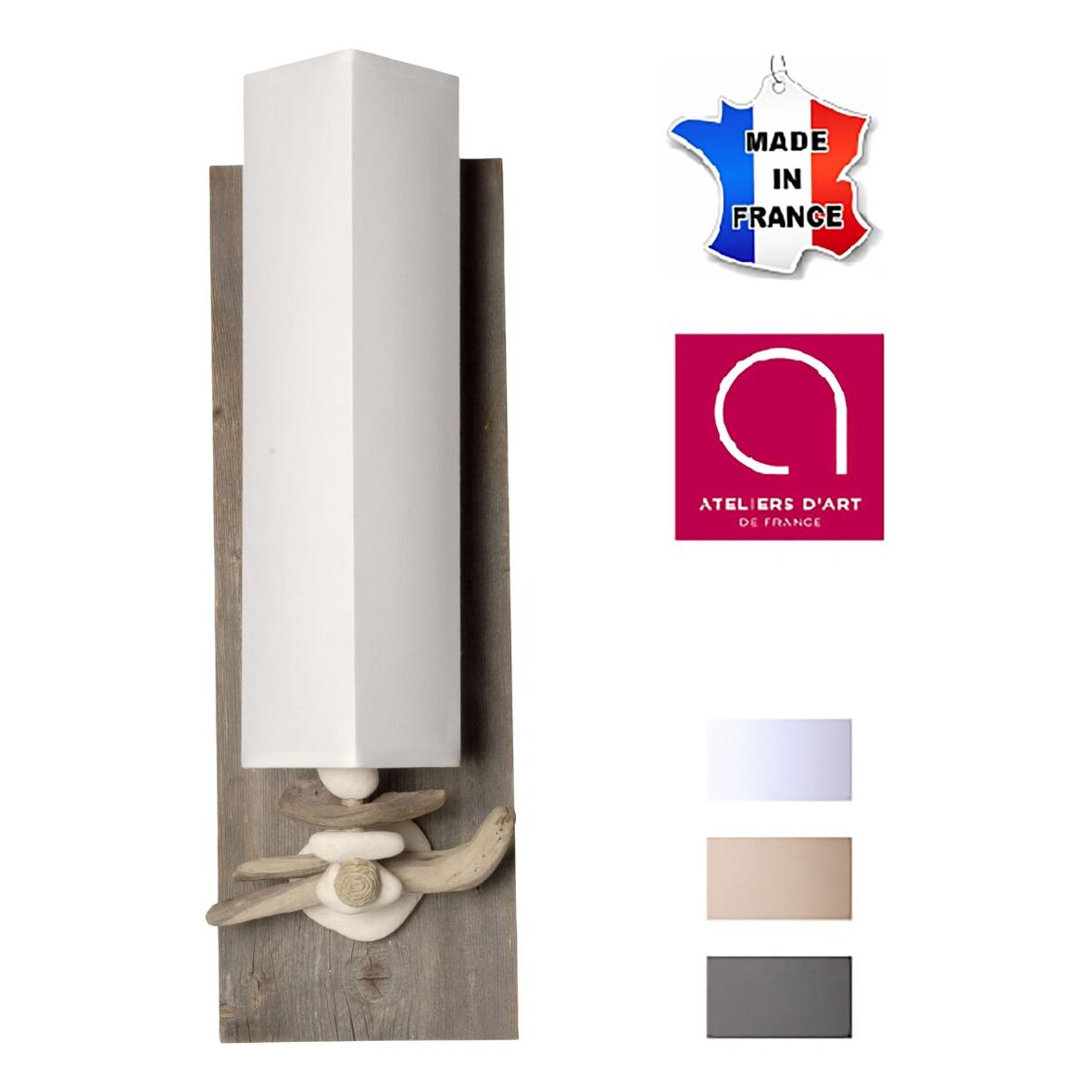 Lampe applique murale verticale en bois et galets "bord de mer" - Fabriquée à la main en France Blanc