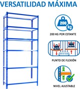 thumbnail of SimonRack Estantería Metálica, 2500x1100x400 mm, 6 Alturas, Bandeja Metal, 200 kg de Punto Flexión, Azul/Blanco - Simonclick