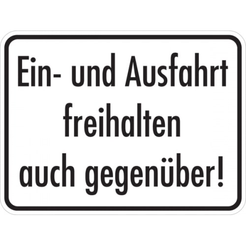 Hinweisschild, Ein- und Ausfahrt freihalten auch gegenüber, 300x400mm, Alu geprägt - 400x300x0.6 mm Aluminium geprägt