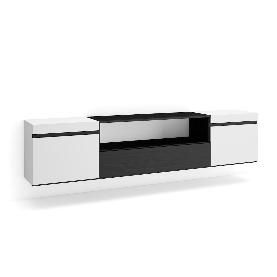 Mueble TV, Televisión, 200x35x45cm, Para TV hasta 80", Colgado, Suspendido, Blanco y negro  _ 49_19