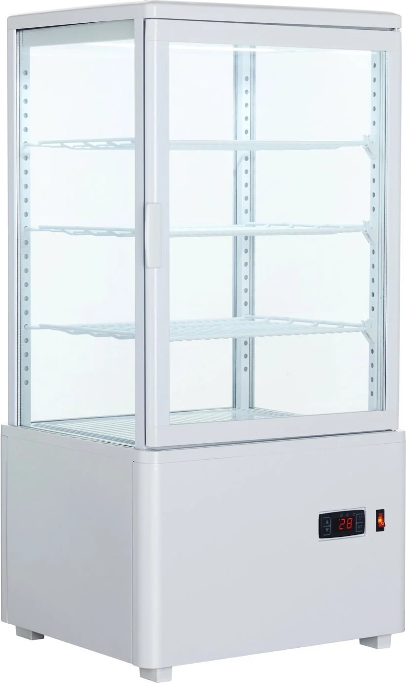 Getränke- und Gebäckvitrine Doppeltemperatur 68 Liter 4-seitig verglast weiß +2/+10 °C / +30/+90 °C 44,7x40x89,4h cm