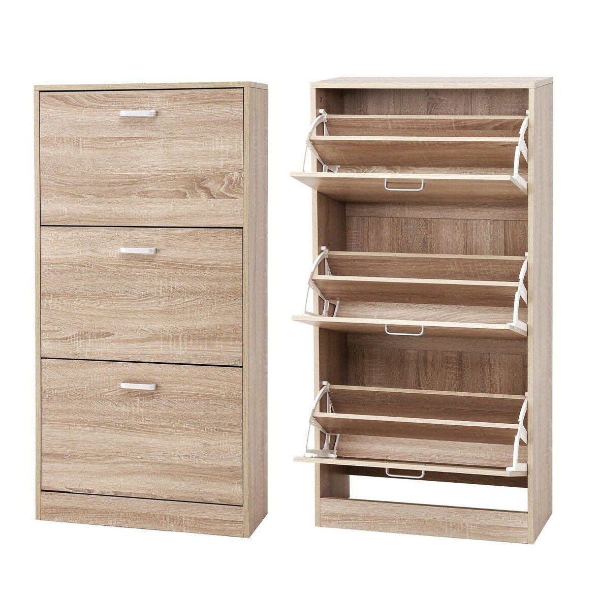 UAC Schuhschrank 120 x 60 x 24 cm, mit 3 Klappen, Schuhkipper, Schuhregal mit 3 Ebenen, Trennwände verstellbar, Schuhkommode, Eichen-Optik