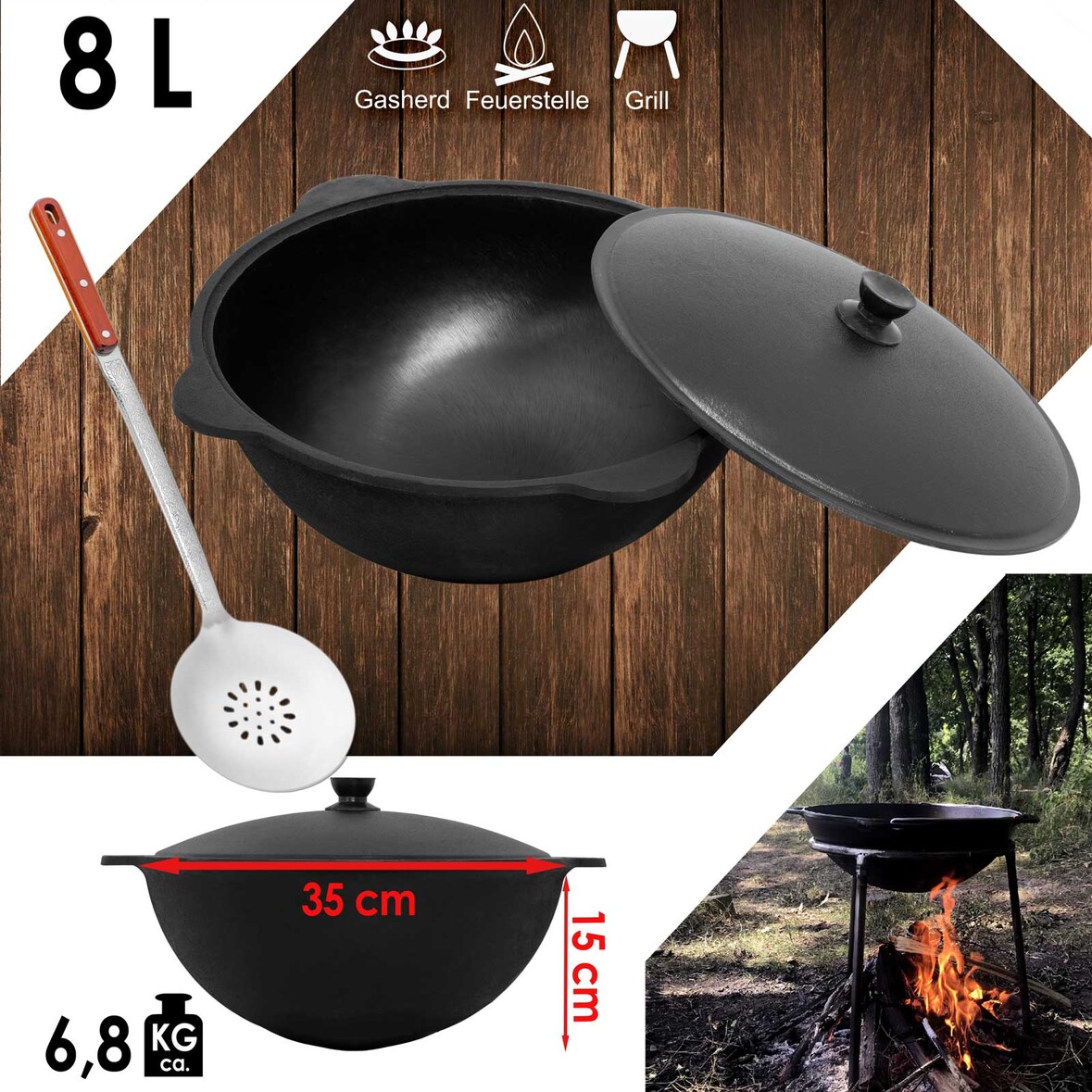 Gusseisen Kasan 8L rund NAMANGAN Aluminium Deckel Campingtopf Kazan WOK Kessel Camping BBQ Asia Schaumkelle