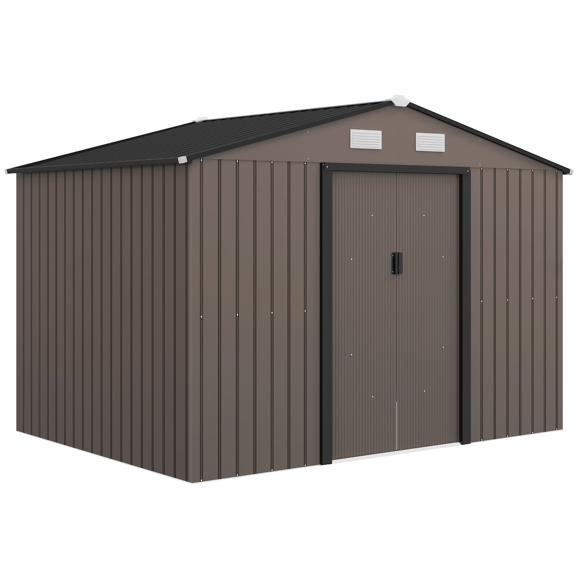 Outsunny caseta de jardín exterior 4,9 m² 277x195x192 cm con puerta corredera techo inclinado y 4 ventanas para patio terraza marrón