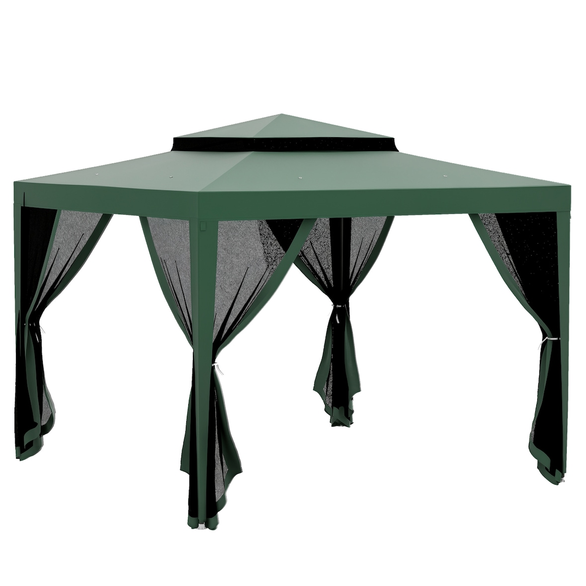 Outsunny Pérgola de Jardim com 4 Mosquiteiras Teto Duplo 8 Orifícios de Drenagem e Estrutura de Metal 297x297x268 cm Verde