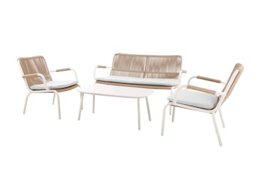 METRO PROFESSIONAL Conjunto de sofás para exterior Rivaria, 4 pçs, alumínio/rotim PE, design de corda, 1 sofá, 2 poltronas, 1 mesa de centro, marfim