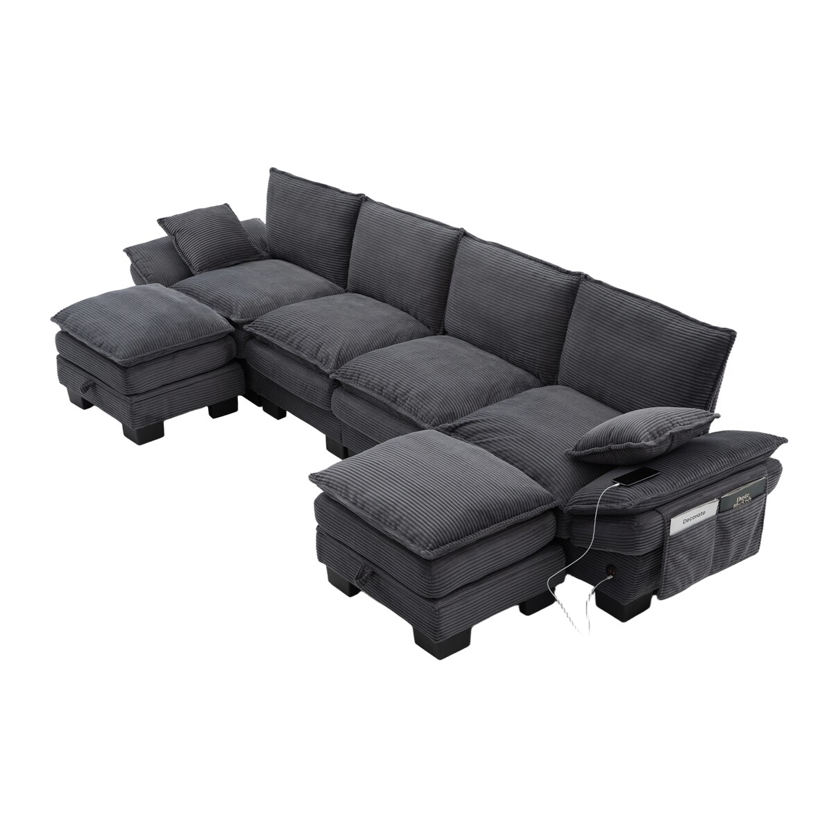 Merax 4-Sitzer-Sofa mit 2x Hocker, USB-C-Anschluss & Seitentaschen, Dicke Kissen, Corduroy, Dunkelgrau