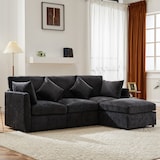 thumbnail of Dreisitzer-Sofa 216x161x81 Grau mit Fußhocker, Chenille Stoff, Komfortkissen, L-förmig erweiterbar, Wohnzimmer Couch