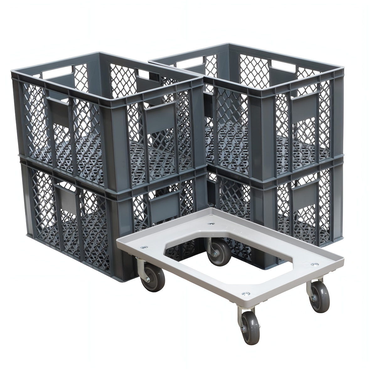 4 Stück Bäckerkisten 600 x 400 x 320 mm + 1 Transportroller in Grau