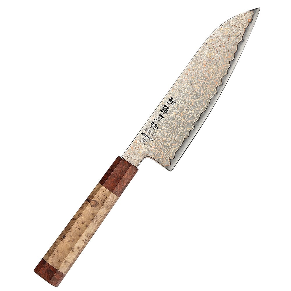 Hezhen - Koper Damascus Santoku 18 cm - X05C series - gemaakt van 37-laags koper damascus staal