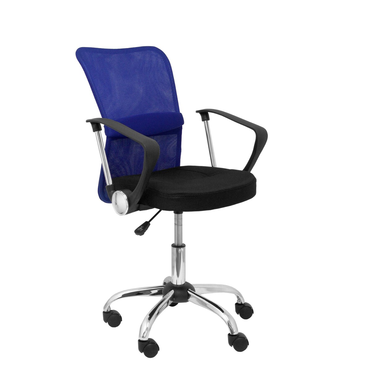 Cardenete Silla  con mecanismo giratorio, brazos fijos y asiento  color azul y asiento tapizado en tejido de malla color negro