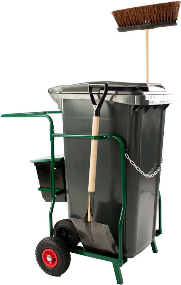 Reinigungswagen mit Luftbereifung & 2-Rad Mülltonne | 240+21 Liter, HxBxT 105x60x58cm | Inkl. Besen & Schaufel | Grün, Tonne Grau