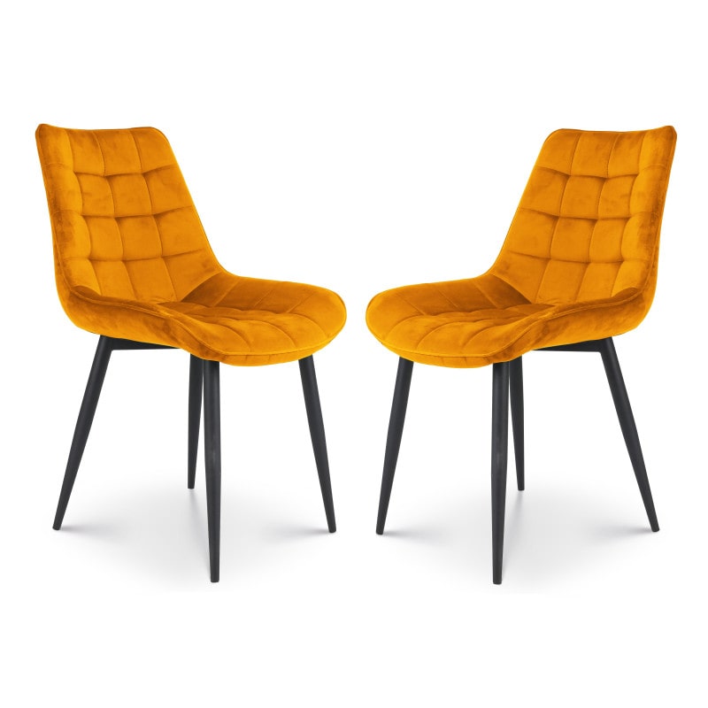 Lot de 2 chaises de salle à manger en velours jaune moutarde – Assise rembourrée confortable – Pieds en métal noir