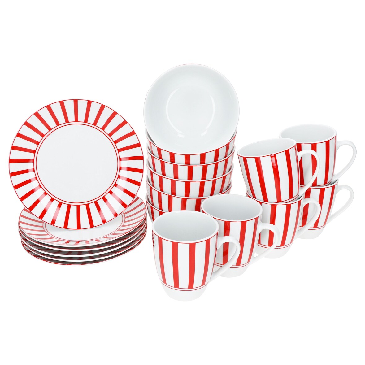 Split rot 18tlg Frühstücksset Porzellan Teller Müslischalen Becher gestreift