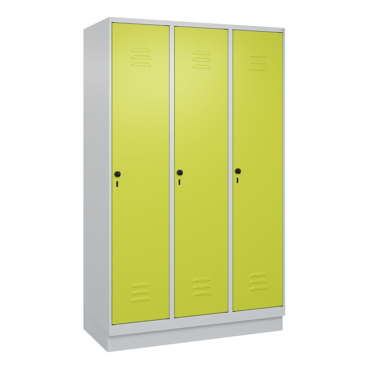 C+P Spind Classic PLUS, Sockel, 3 Abteile, HxBxT 195x120x50cm, Sicherheitsdrehriegel, Hellgrau/Clowngrün von PROREGAL