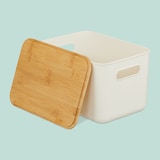 thumbnail of Relaxdays Aufbewahrungsbox, 4er Set, mit Deckel, Kunststoff & Bambus, mit Griffen, Organizer, HBT: 16x26x17,5 cm, weiß