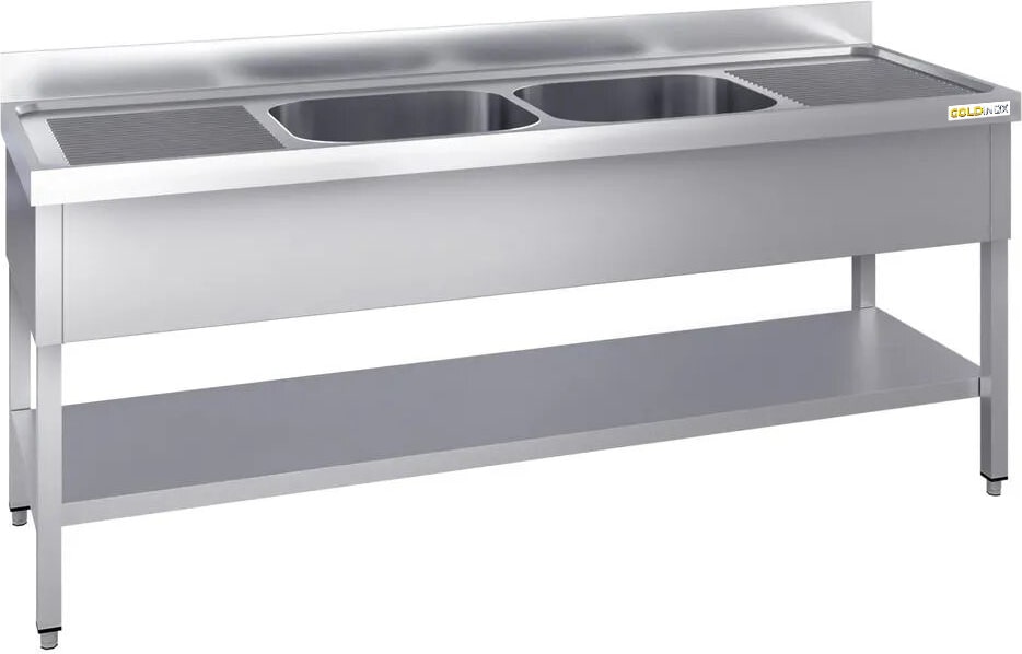 Fregadero de acero inoxidable de 2000x600mm con 2 cubetas en el centro y escurridor izquierdo y derecho PREMIUM - GOLDINOX GOLDINOX