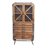 thumbnail of Hoge kast HWC-F91, apothekerskast woonkamerkast, industrieel dennenhout metaal 128x60x33cm, bruin-zwart