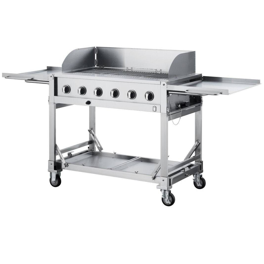 METRO Professional Gasgrill 6-Brenner, Edelstahl,  206 x 65 x 109 cm, fahrbar, mit Bremsen, silber