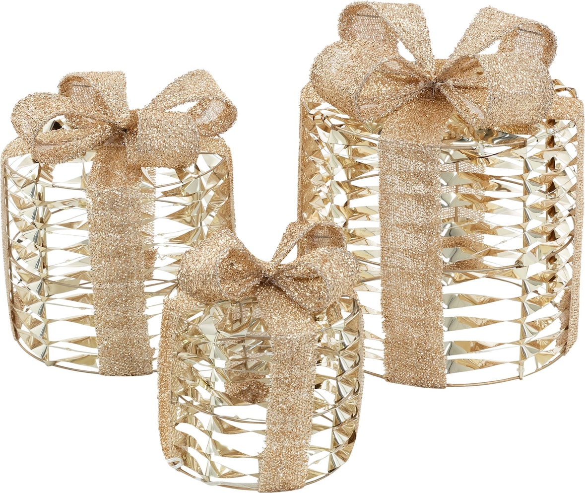 ECD Germany LED Geschenkboxen 3er-Set, Gold, 135 warmweiße LEDs, Batteriebetrieb, Timer, Weihnachtsdeko