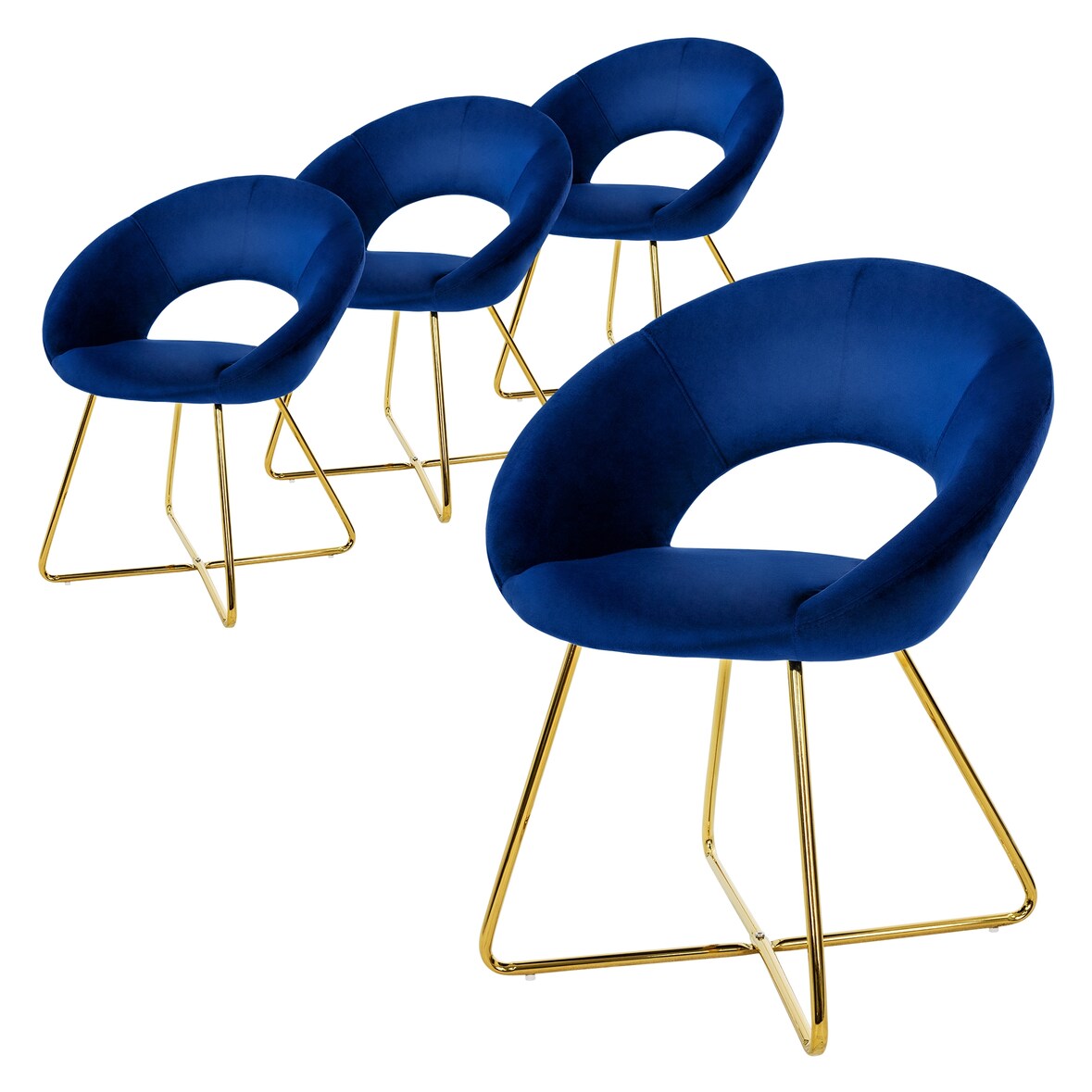 ML-Design Esszimmerstühle 4er Set Blau Samt, runde Rückenlehne, Goldbeine, Polsterstuhl Esstisch Schalenstuhl