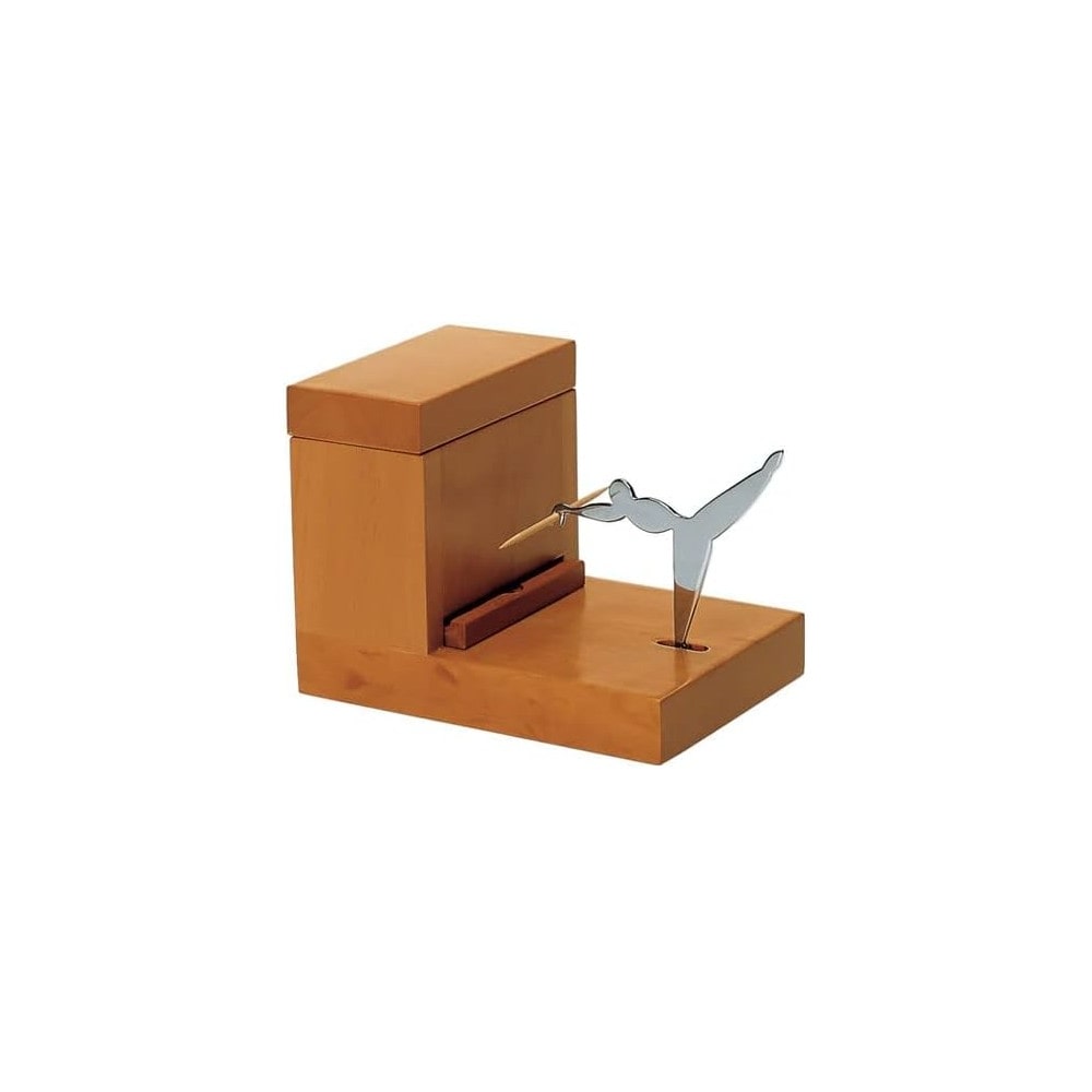 alessi palillero de madera y acero cromado, altura 9 cm, ancho 12 cm, profundidad 9 cm.