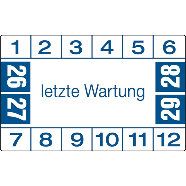 Prüfplakette ab 26, letzte Wartung, blau/weiß - Bogen = 10 Plaketten - 40 x 25 mm Folie selbstklebend