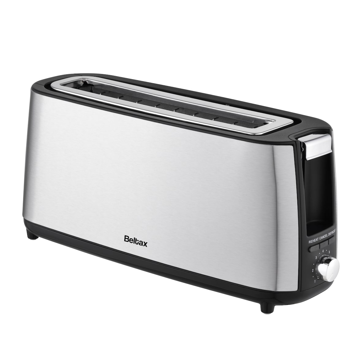 Torradeira Long Slot BELTAX BTE2001; 7 níveis de tostagem; Sistema de centragem da fatia; Botão de Descongelar e Reaquecimento; Potência 900W