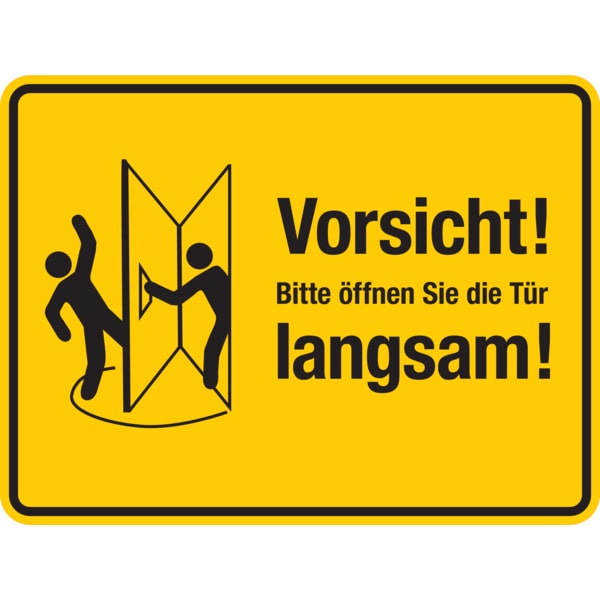 Türschild, Bitte öffnen Sie die Tür langsam!, rechts, gelb, 150 x 200 mm - 200x150 mm Folie selbstklebend