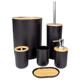 thumbnail of Badezimmer Zubehör Set aus Bambus Kunststoff in Schwarz - 6 teiliges Set Zahnputzbecher Seifenschale Seifenspender Toilettenbürste Halterung Mülleimer