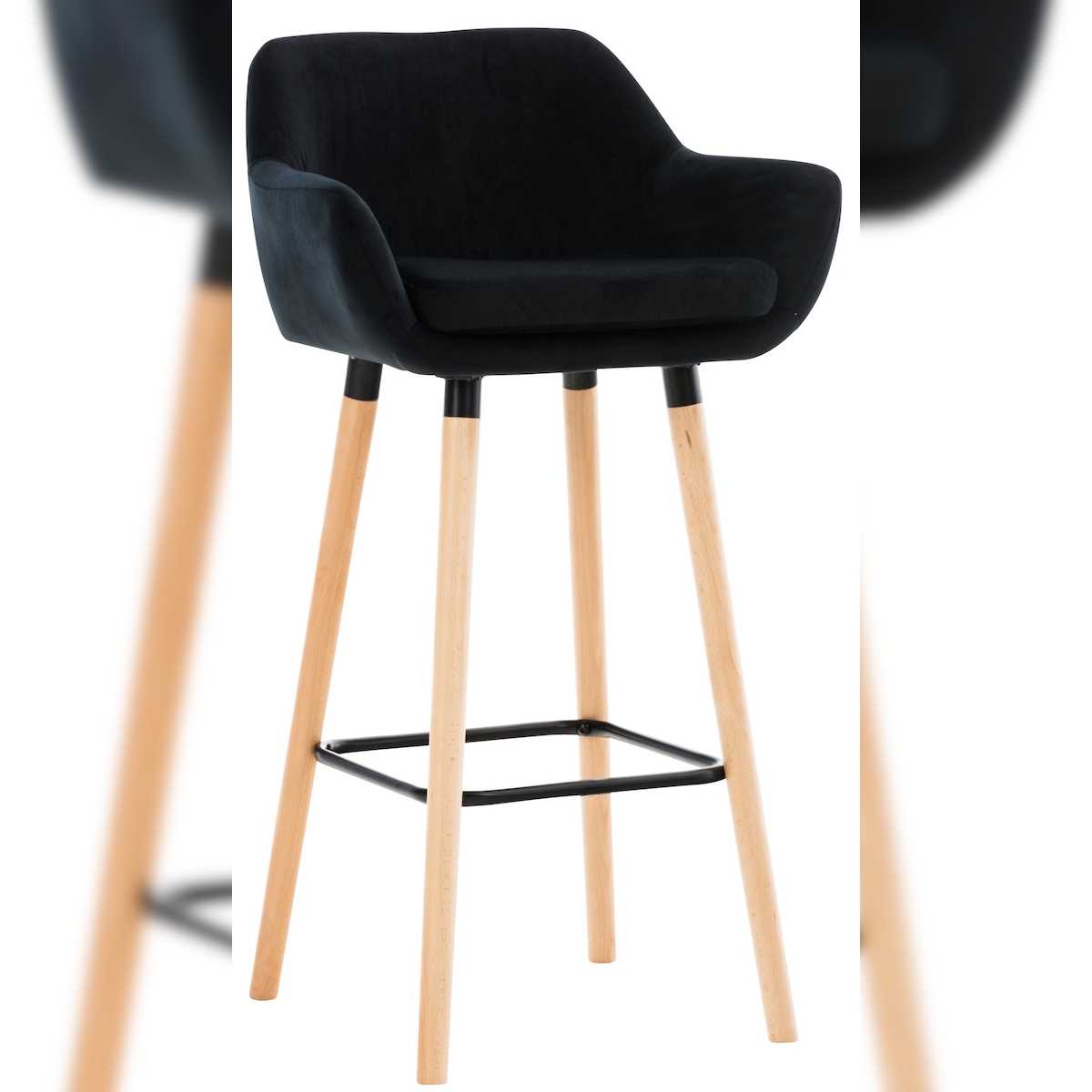Décoshop26 - Lounge-Barhocker x1 skandinavisches Design schwarzer Samtsitz Holzbeine Metallfußstütze 10_0004914