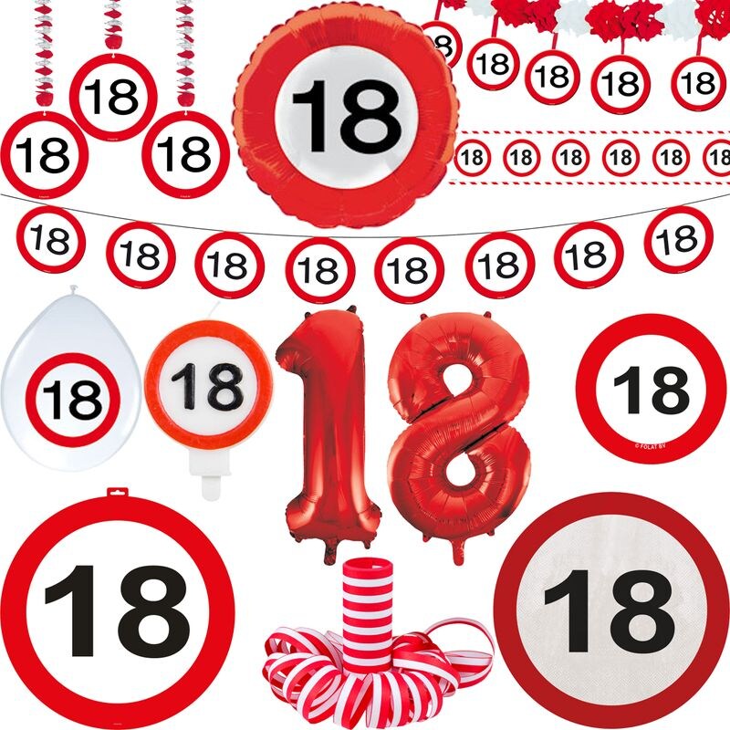 Verkehrsschild Partyset 18. Geburtstag Party Deko Set rot weiss Dekoration Geburtstagsdeko Zahl volljährig Frau Mann