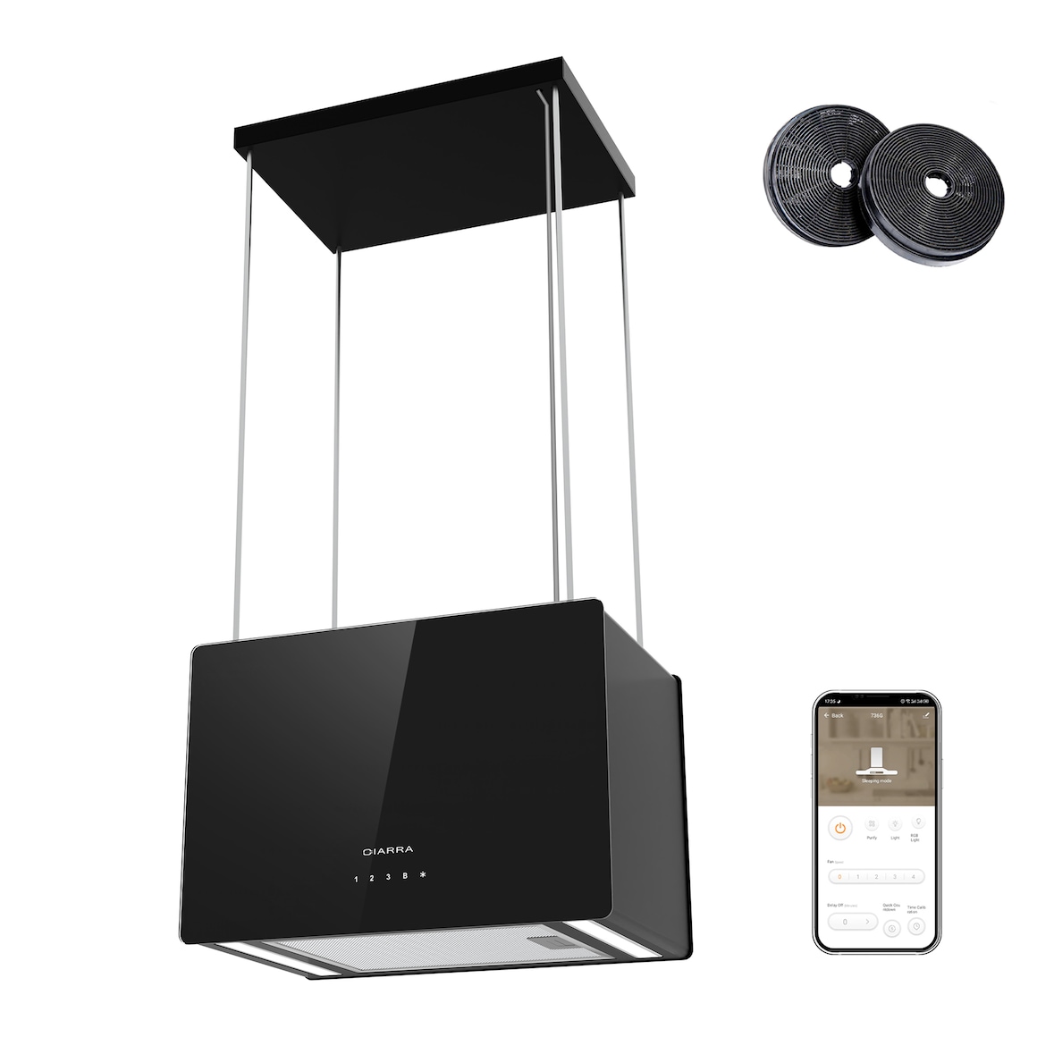 CIARRA A+++ 700 m³/h Hotte aspirante îlot suspendue Application Wi-Fi Fonctionnement tactile VM4850B