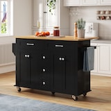 thumbnail of Küchenwagen 140x65x89 cm mit klappbarer Arbeitsplatte, 5 Schubladen, Schränken, Gewürz- und Handtuchhalter, mobil auf Rollen, Black Natural