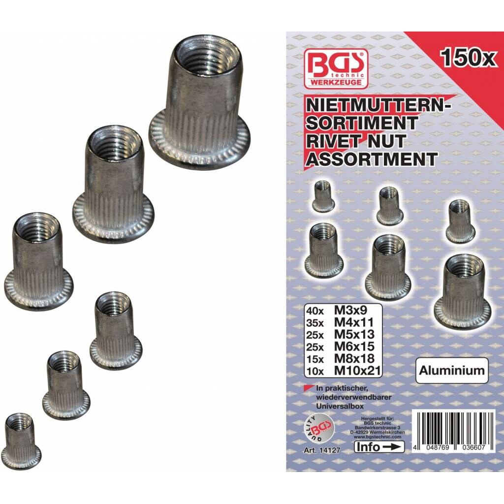 BGS technic 14127 Nietmuttern Sortiment M3-M10 Aluminum 150tlg in Kassette