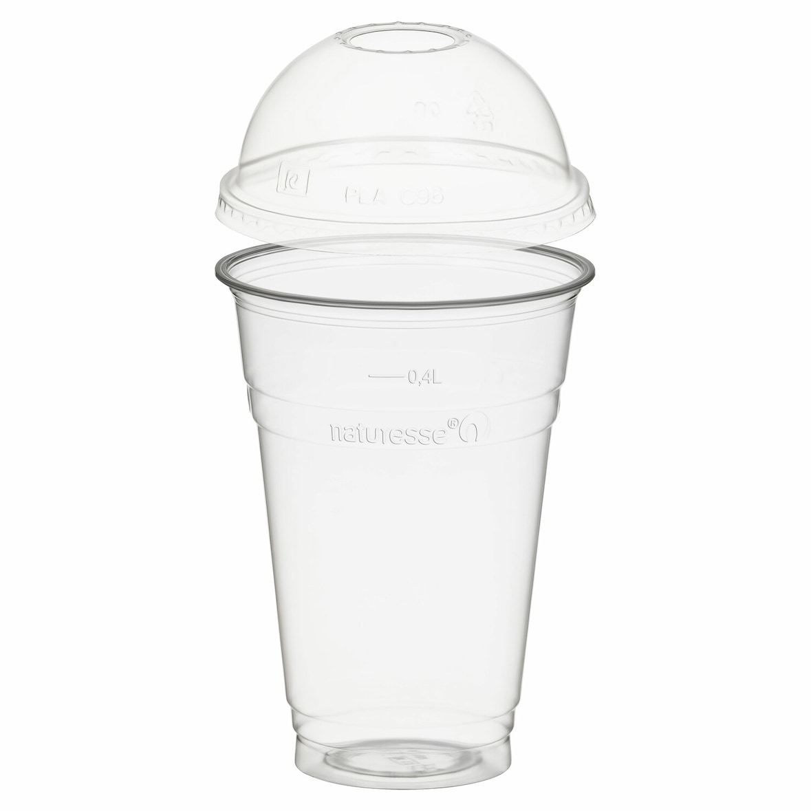 50x BIO Trinkbecher 400ml + Domdeckel mit Rundloch aus Biokunststoff (PLA)