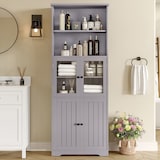 thumbnail of Badezimmer Hochschrank 160x58x29 cm Grau mit Glastür und Holzfront, 4 Türen, 2 offene Ablagen, verstellbare Einlegeböden, lackierte Oberfläche