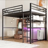 thumbnail of Hochbett 140x200 aus Metall mit LED-Beleuchtung, Schreibtisch und Stauraum, modernes Etagenbett mit Regalen und Schubladen Schwarz