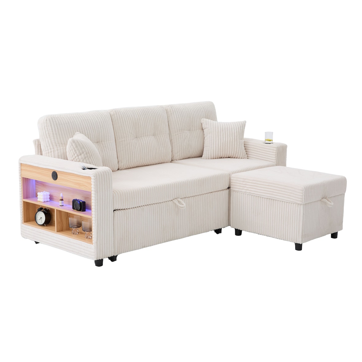 Merax 3-Sitzer-Schlafsofa mit Schlaffunktion, Mehrfunktionales Cord-Sofa mit Stauraum & Ausziehbett. Inkl. USB-C, Beige