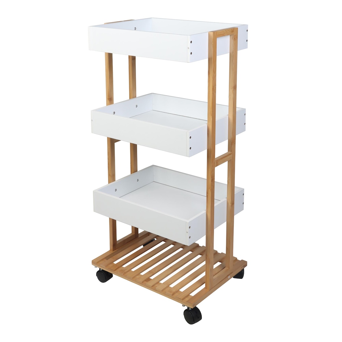 WellHome - Carrinho de arrumação em bambu com 1 prateleira e 3 tabuleiros em branco 40x30x87,5cm