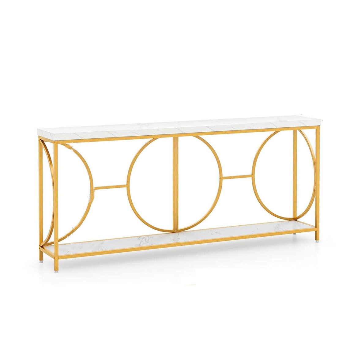 COSTWAY 180 cm Konsolentisch, Flurtisch, schmal, Marmoroptik, Sofatisch mit geometrischem Metallgestell, Beistelltisch, Gold + Weiß