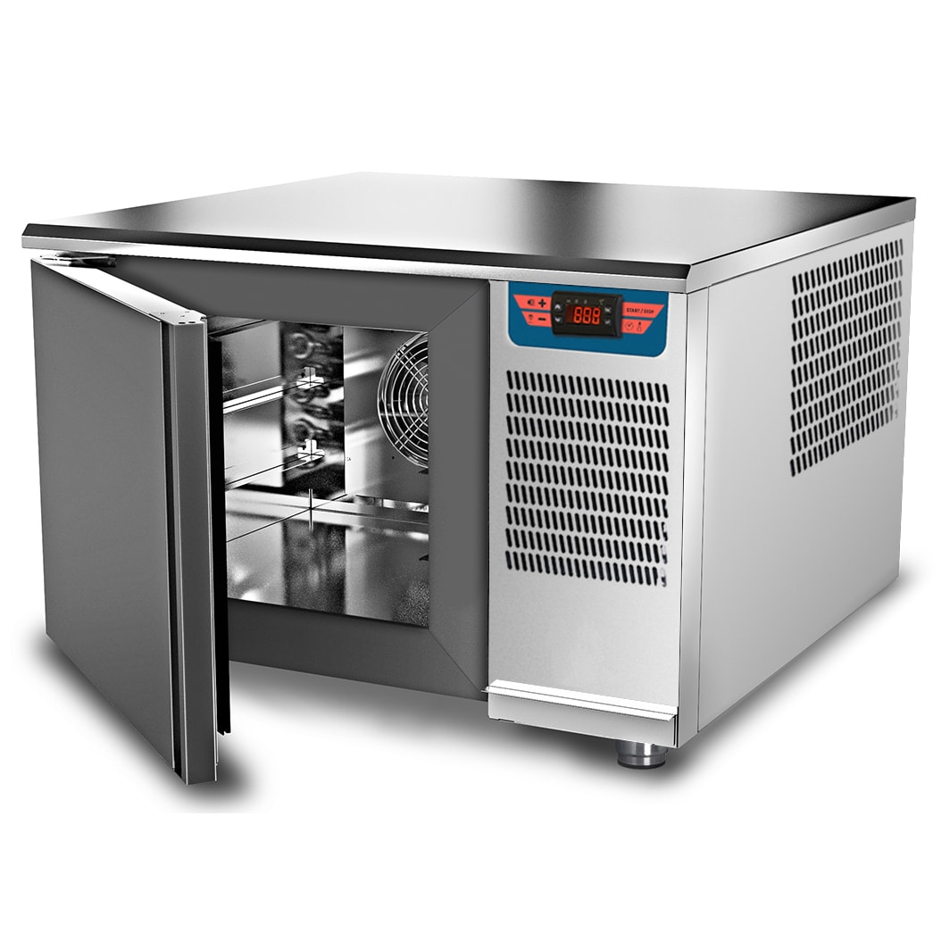 Abbattitore di temperatura 3 teglie GN 2/3 con sonda spillone, gas R455A, Mod. AB23