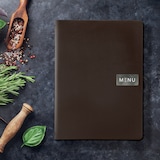 thumbnail of Securit® Carta A4 "Leather" - Marrone - Linea "Raw" - 100% pelle ecologica - Targhetta "Menu" + targhetta neutra incluse - 4 facciate