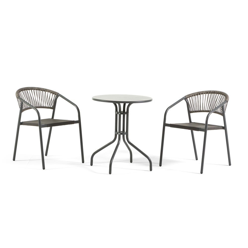Set pranzo da balcone con tavolino Ø60 e 2 sedie impilabili in acciaio e textilene, ideale per terrazzo, giardino, bar, caffetteria - Max & Gaia
