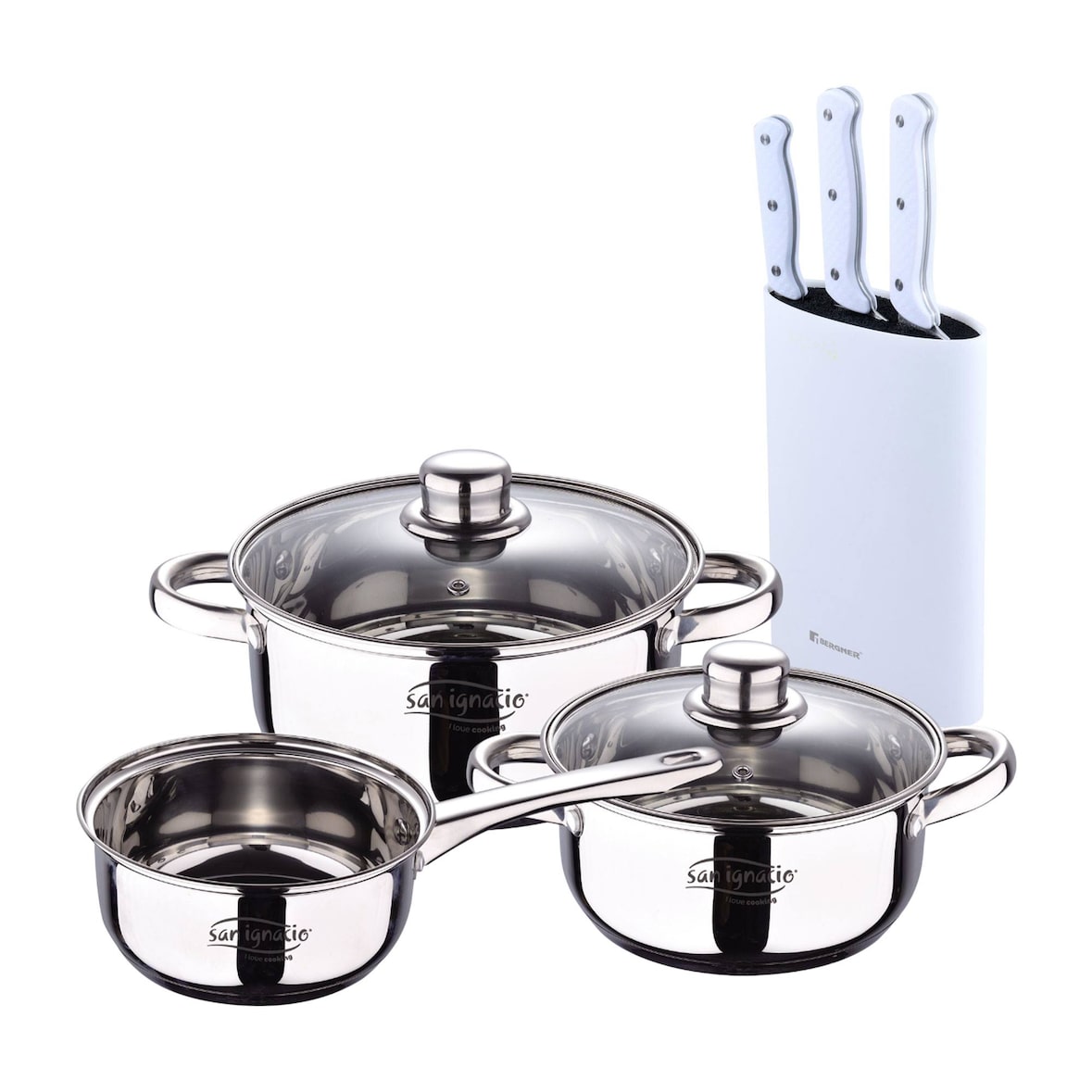 BERGNER - Kochgeschirr 5-teilig 16/18/20 cm aus Edelstahl, induktionsgeeignet, mit 3-teiligem Messerset aus Edelstahl