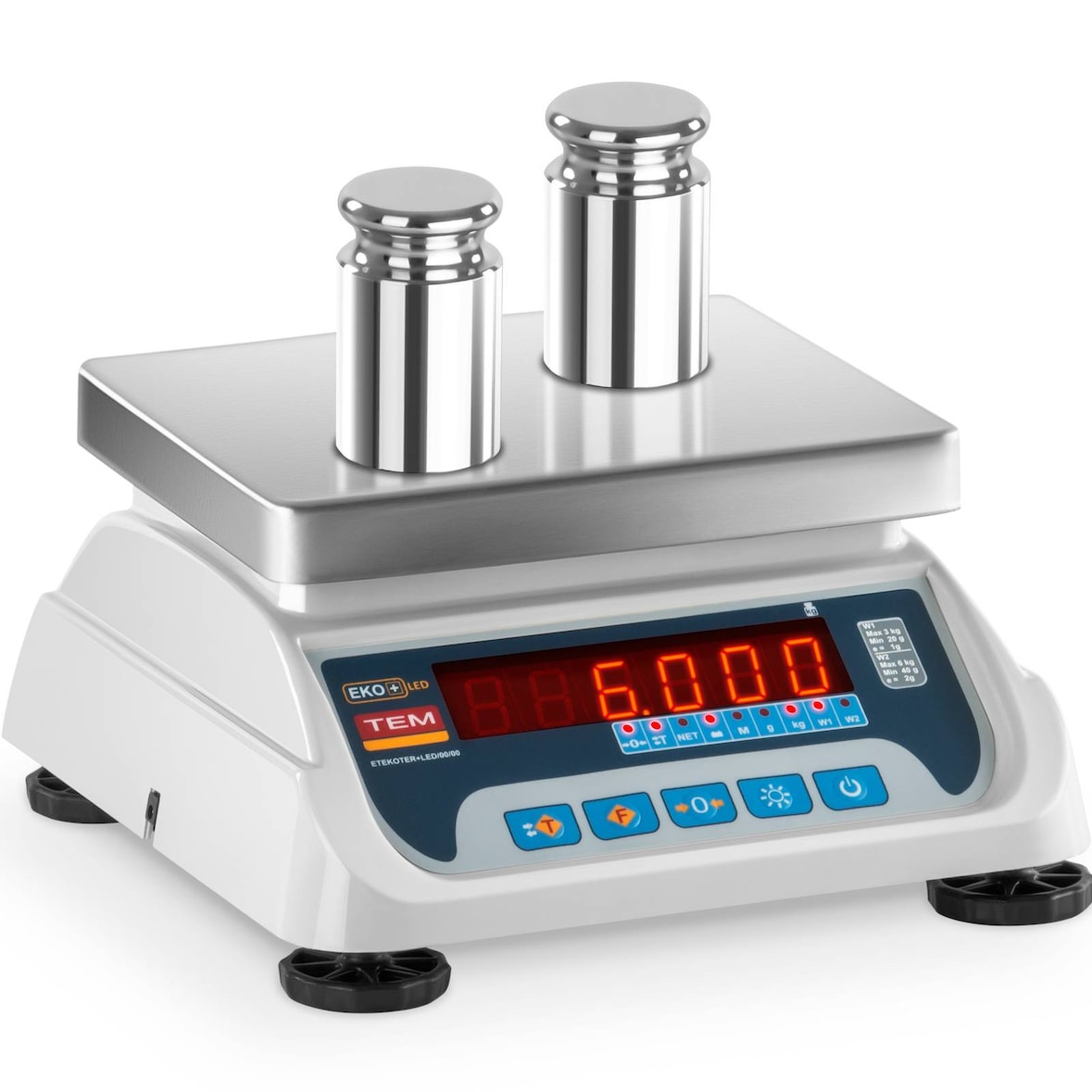 TEM Tischwaage - geeicht - 3 kg / 1 g - 6 kg / 2 g - 19,5 x 24,5 cm - LED