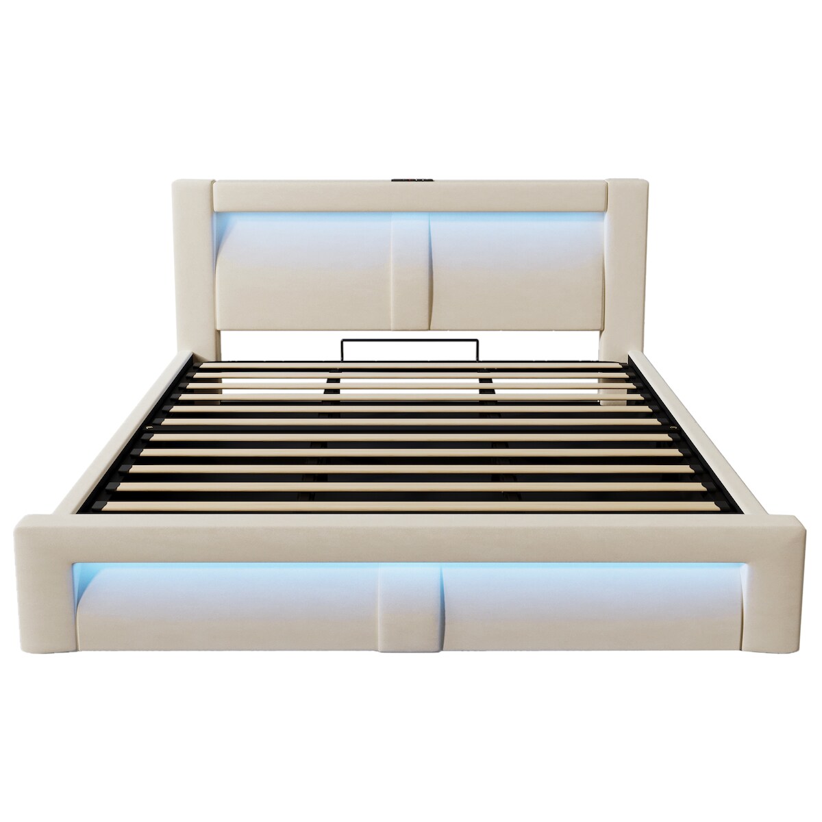 MODFU Polsterbett Samt Beige 180x200 cm mit Stauraum, LED-Beleuchtung und USB-/Typ-C-Ladeanschlüssen